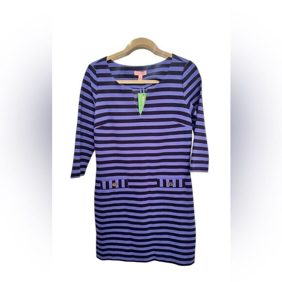 NWT LILLY PULITZER Charlene Ottoman Navy Blue Stripe Stretch Knit Boat Dress - Picture 2 of 3